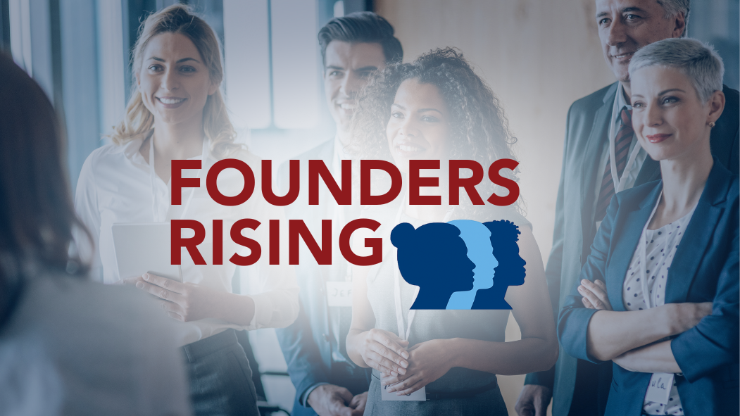Founders Rising logo set on a background of a group of business people